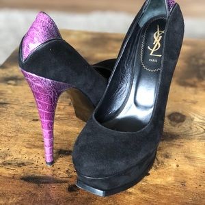 YSL black suede and purple crocodile pumps